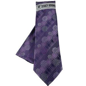 Stacy Adams Men Tie Hanky Purple Lilac Charcoal Gray Plaids & Checks 3.25" Wide